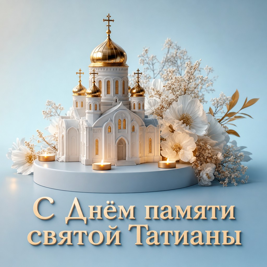 Светлая 3D-открытка ко Дню памяти святой мученицы Татианы с миниатюрным храмом и свечами.