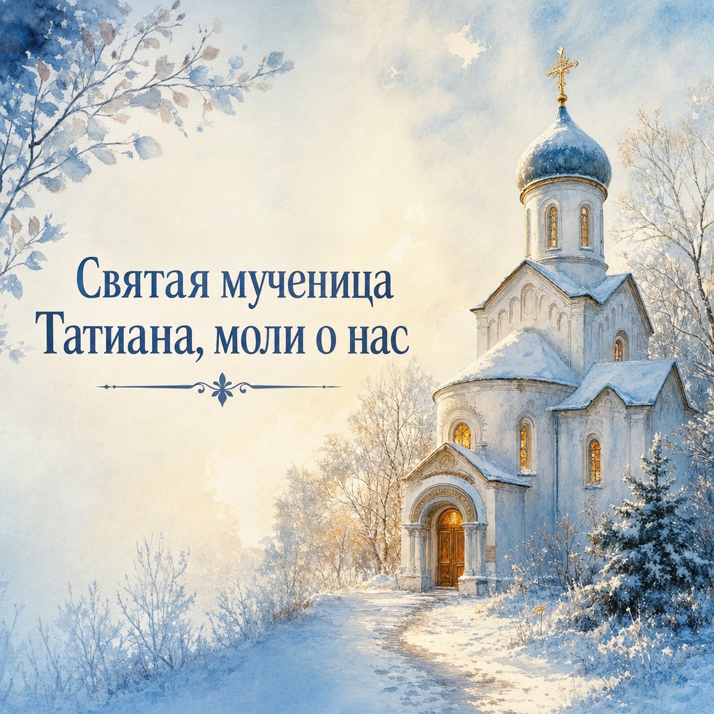 Акварельная открытка ко Дню памяти святой мученицы Татианы с тихим заснеженным православным храмом.