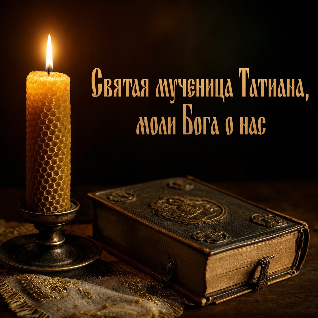Светлая открытка ко Дню памяти святой мученицы Татианы со свечой и молитвословом в тёплой премиальной эстетике.