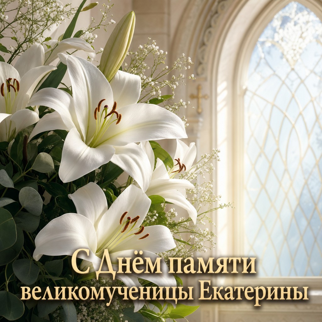 Нежная открытка ко Дню памяти великомученицы Екатерины с белыми лилиями, церковным окном и мягким светом.