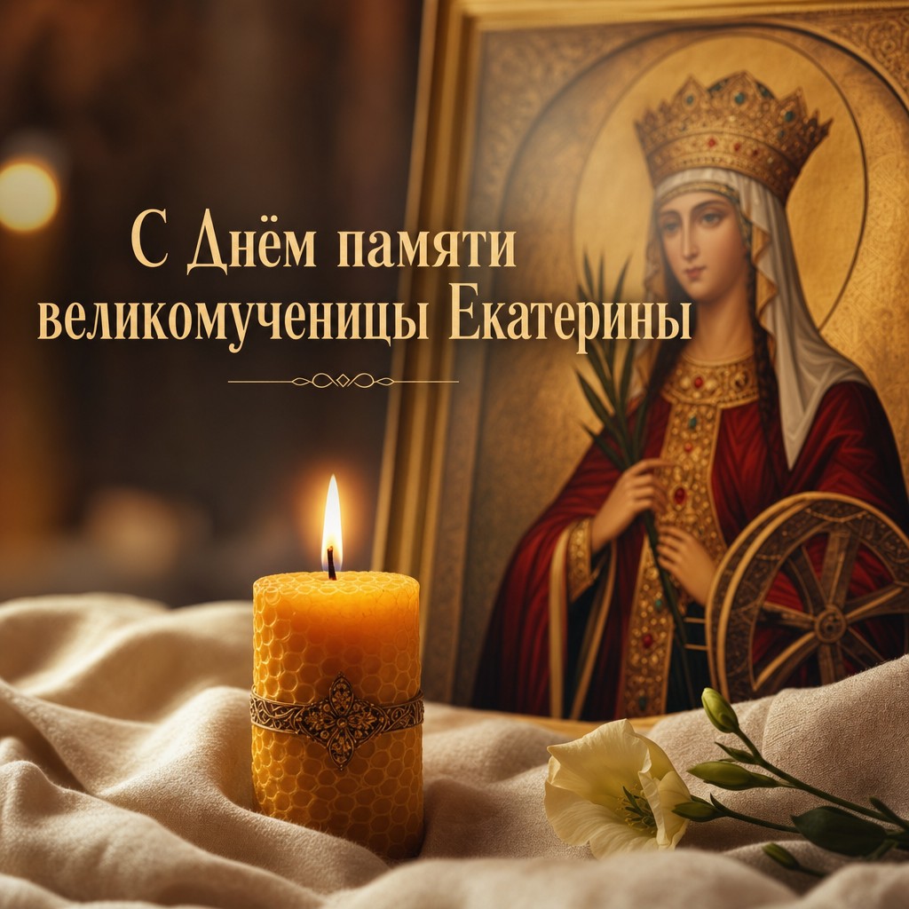 Тёплая открытка ко Дню памяти великомученицы Екатерины со свечой, образом святой и спокойным молитвенным настроением.