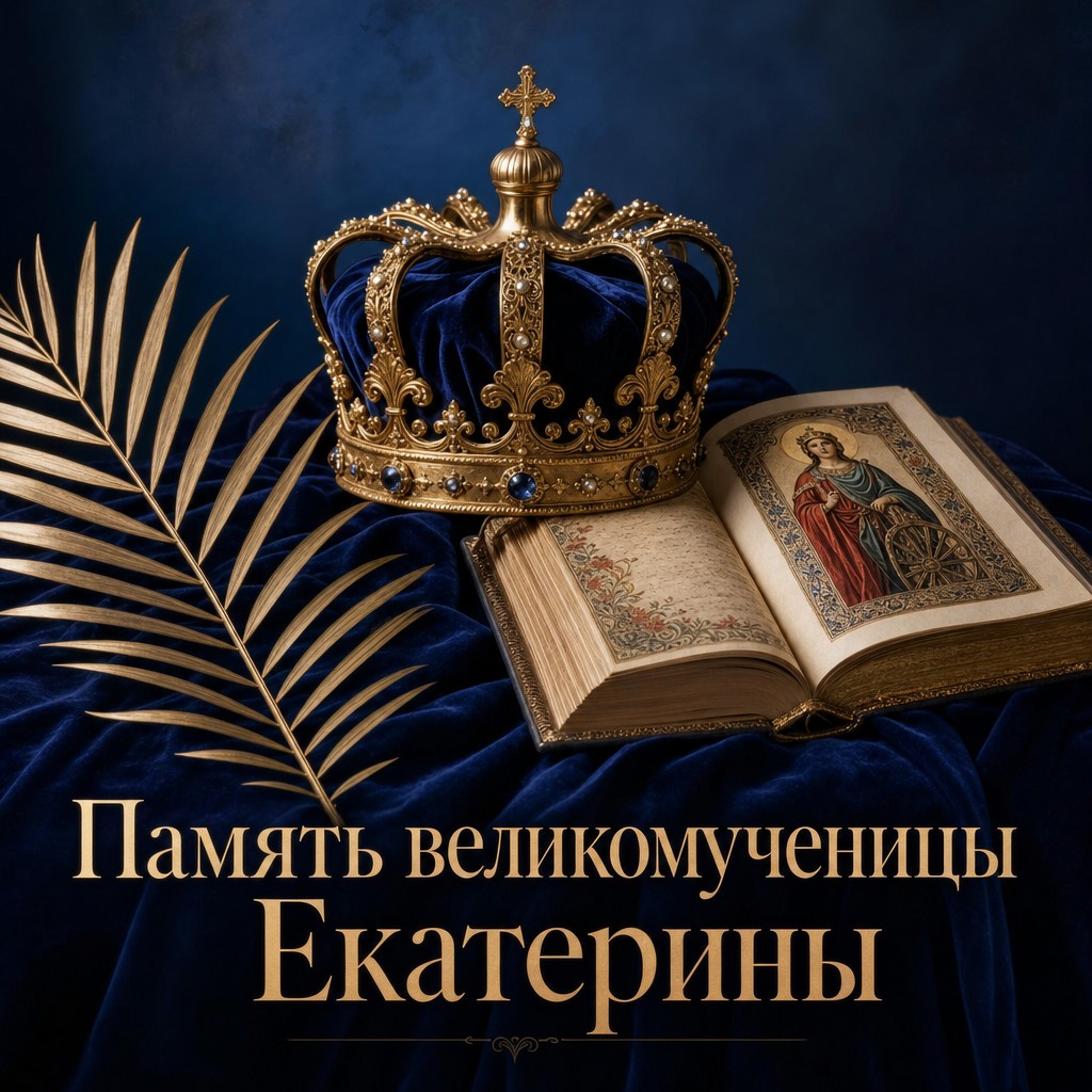 Премиальная открытка ко Дню памяти великомученицы Екатерины с венцом, пальмовой ветвью и книгой.