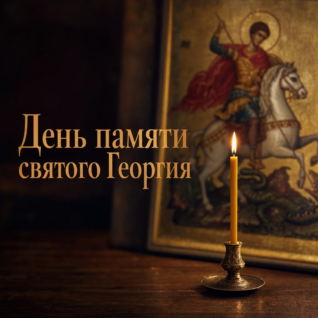 Светлая православная открытка ко Дню памяти великомученика Георгия Победоносца со свечой и иконой.