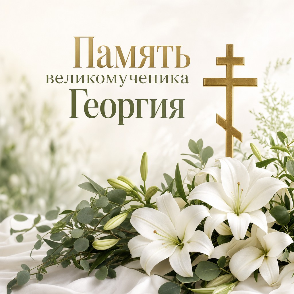 Элегантная открытка ко Дню памяти великомученика Георгия Победоносца с белыми лилиями и православным крестом.