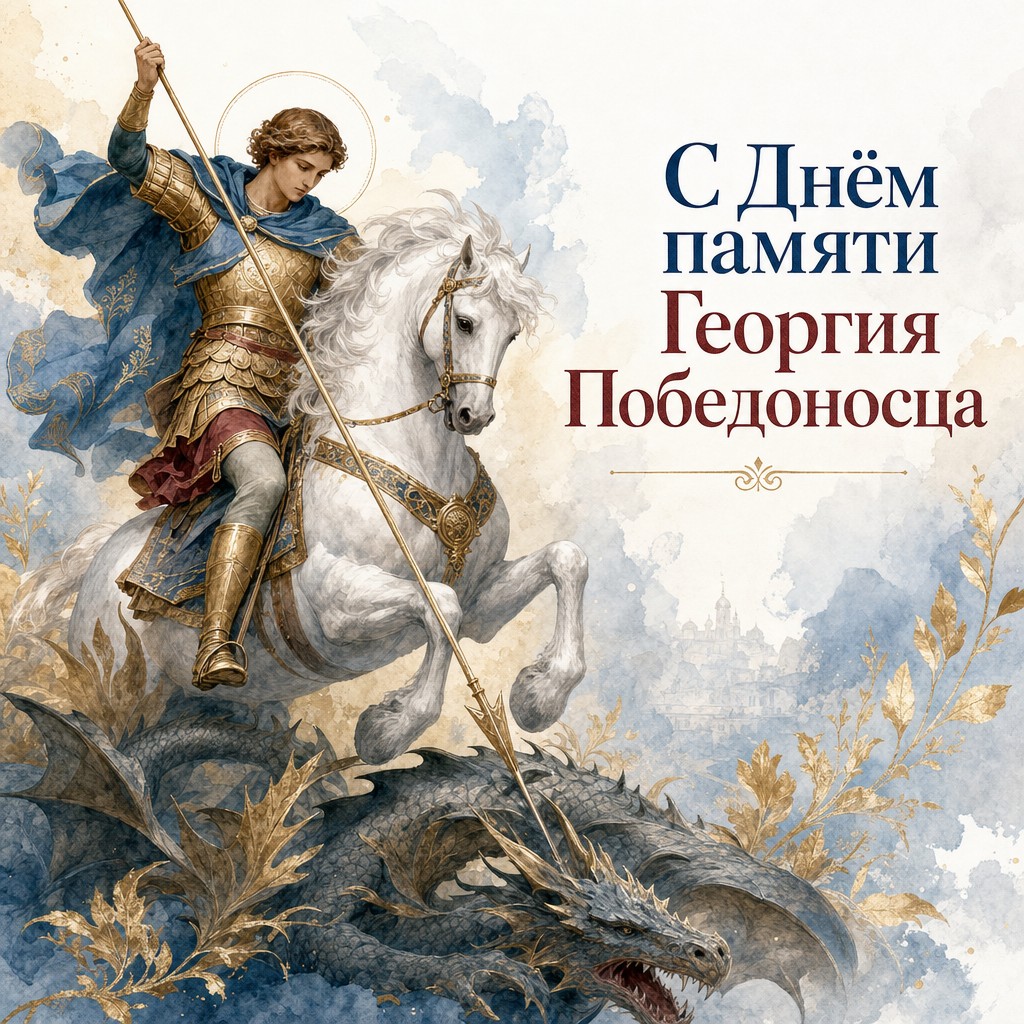 Акварельная открытка ко Дню памяти великомученика Георгия Победоносца со светлым образом святого Георгия.