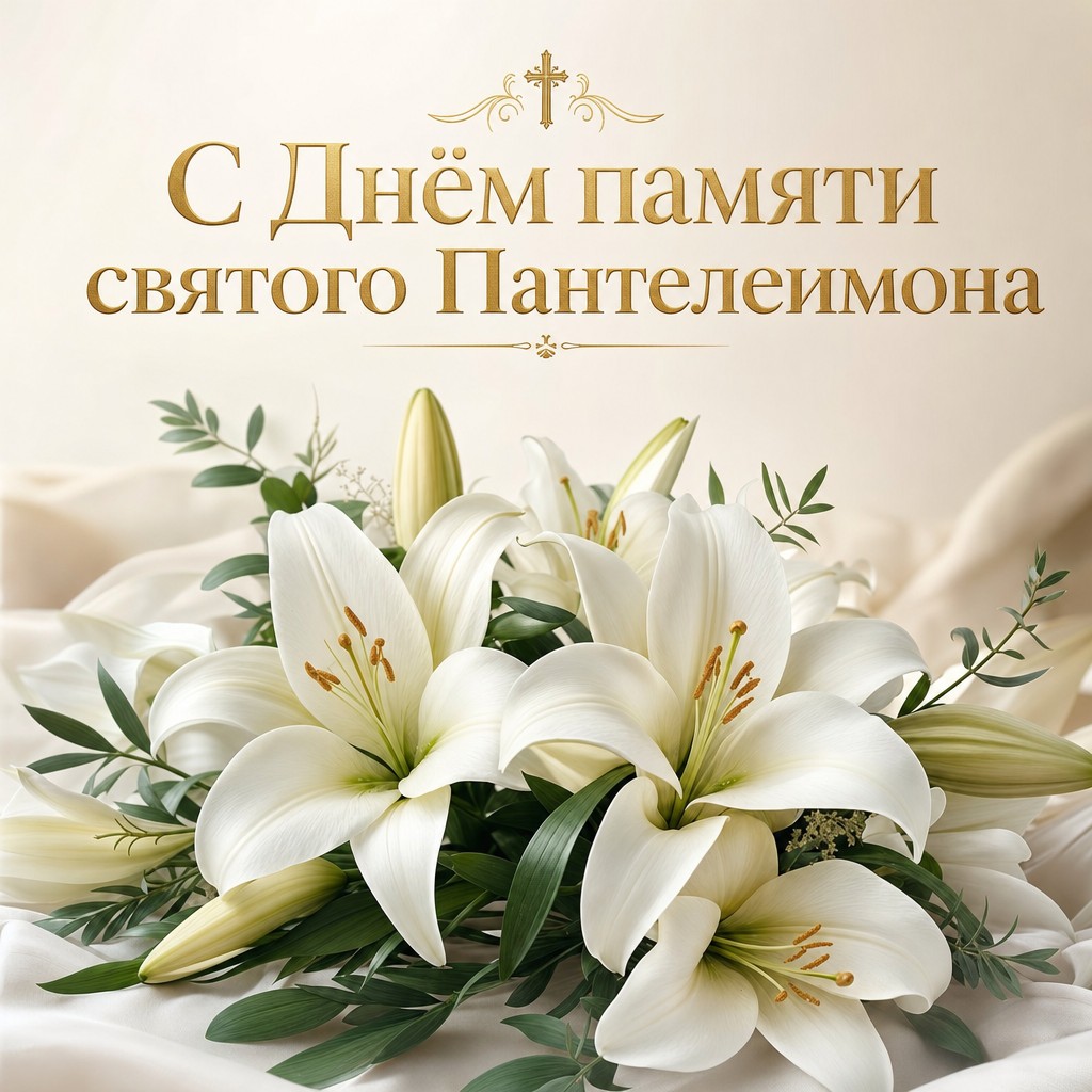 Светлая открытка на День памяти великомученика Пантелеимона с реалистичными белыми лилиями.