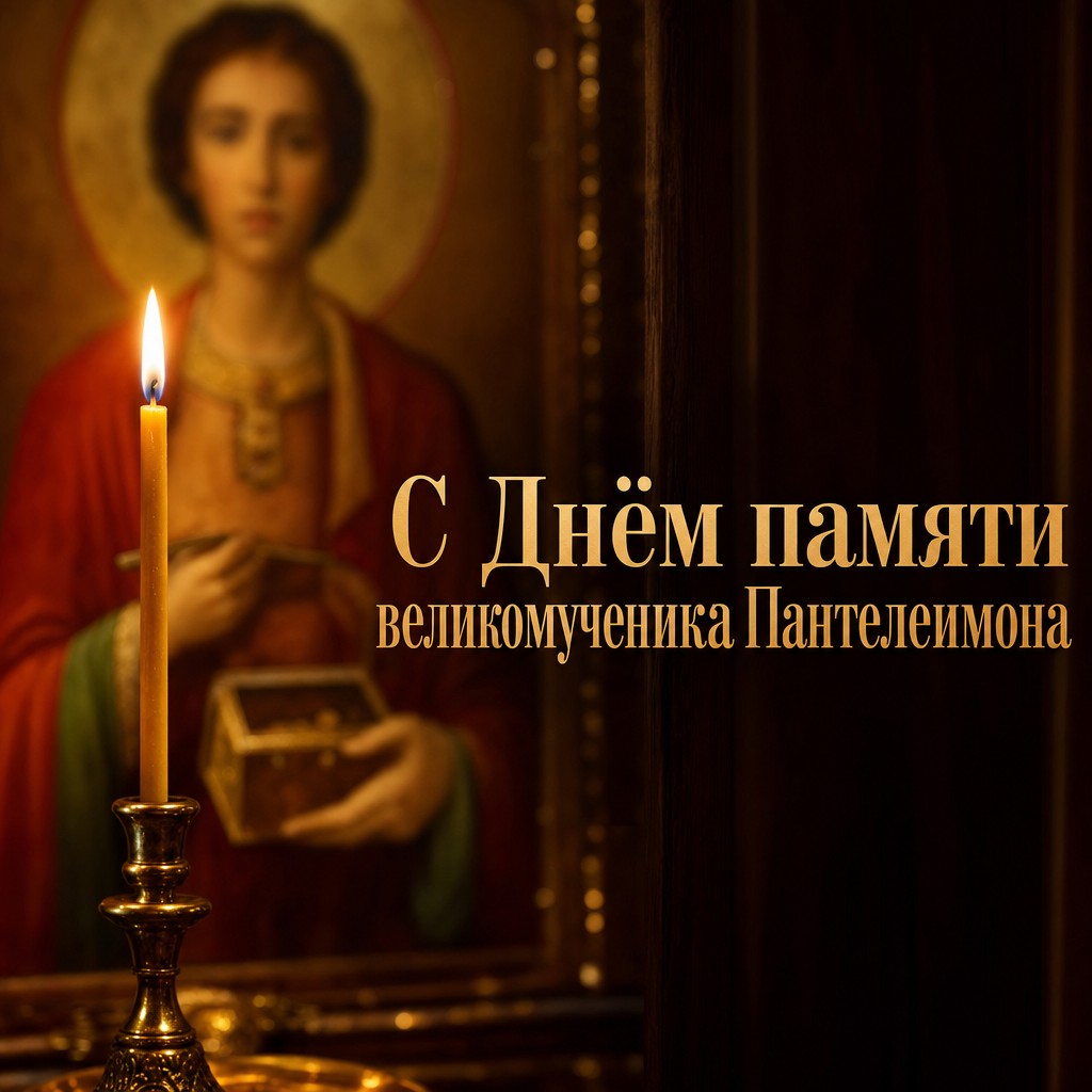 Тёплая православная открытка на День памяти великомученика Пантелеимона со свечой и мягким светом.