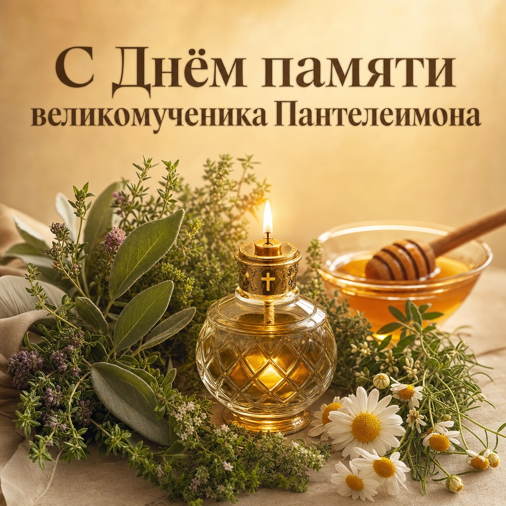 Душевная открытка на День памяти великомученика Пантелеимона с лампадой и целебными травами.