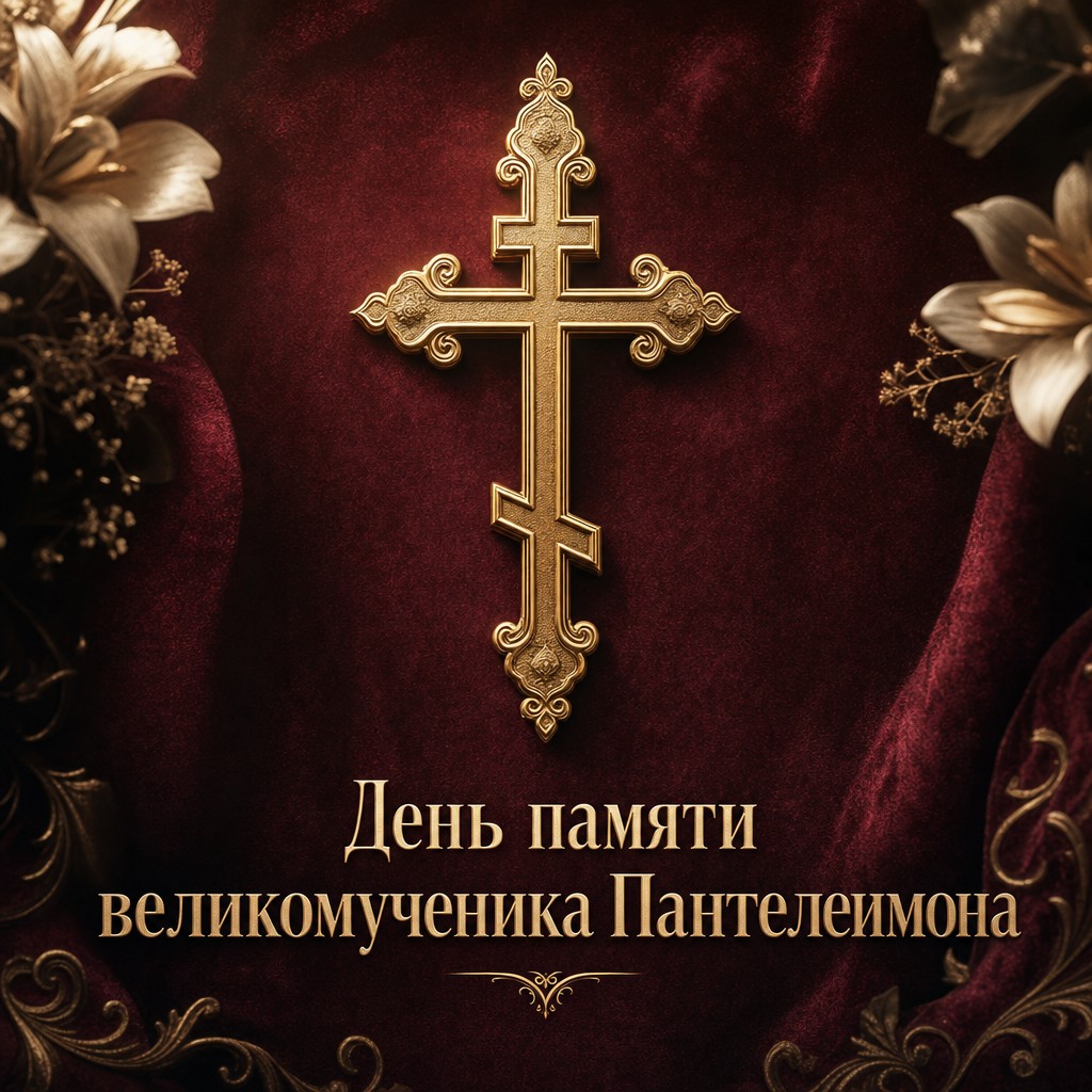 Премиальная открытка на День памяти великомученика Пантелеимона с золотым крестом на бордовом фоне.