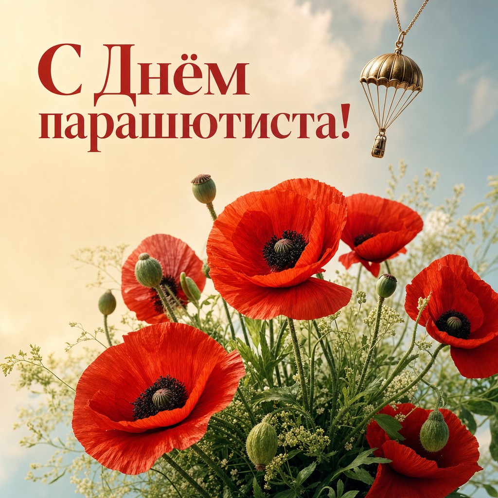 Нежная открытка на День парашютиста с реалистичным букетом маков и маленьким парашютом.