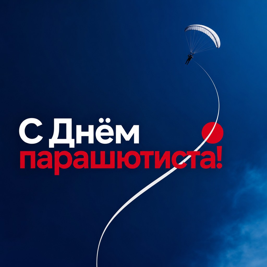Современная открытка на День парашютиста с динамичной линией прыжка и силуэтом в небе.