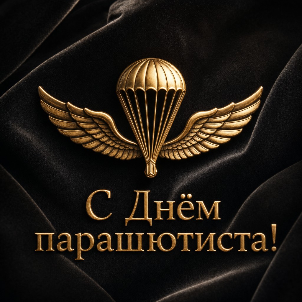 Элегантная открытка на День парашютиста с золотым значком на премиальном тёмном фоне.