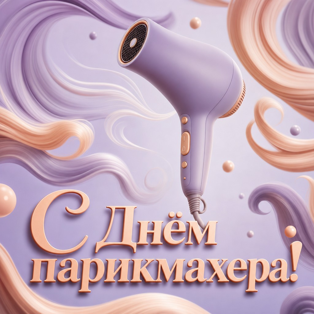 Современная 3D-открытка на День парикмахера с феном, воздушными завитками и мягкой пастельной палитрой.
