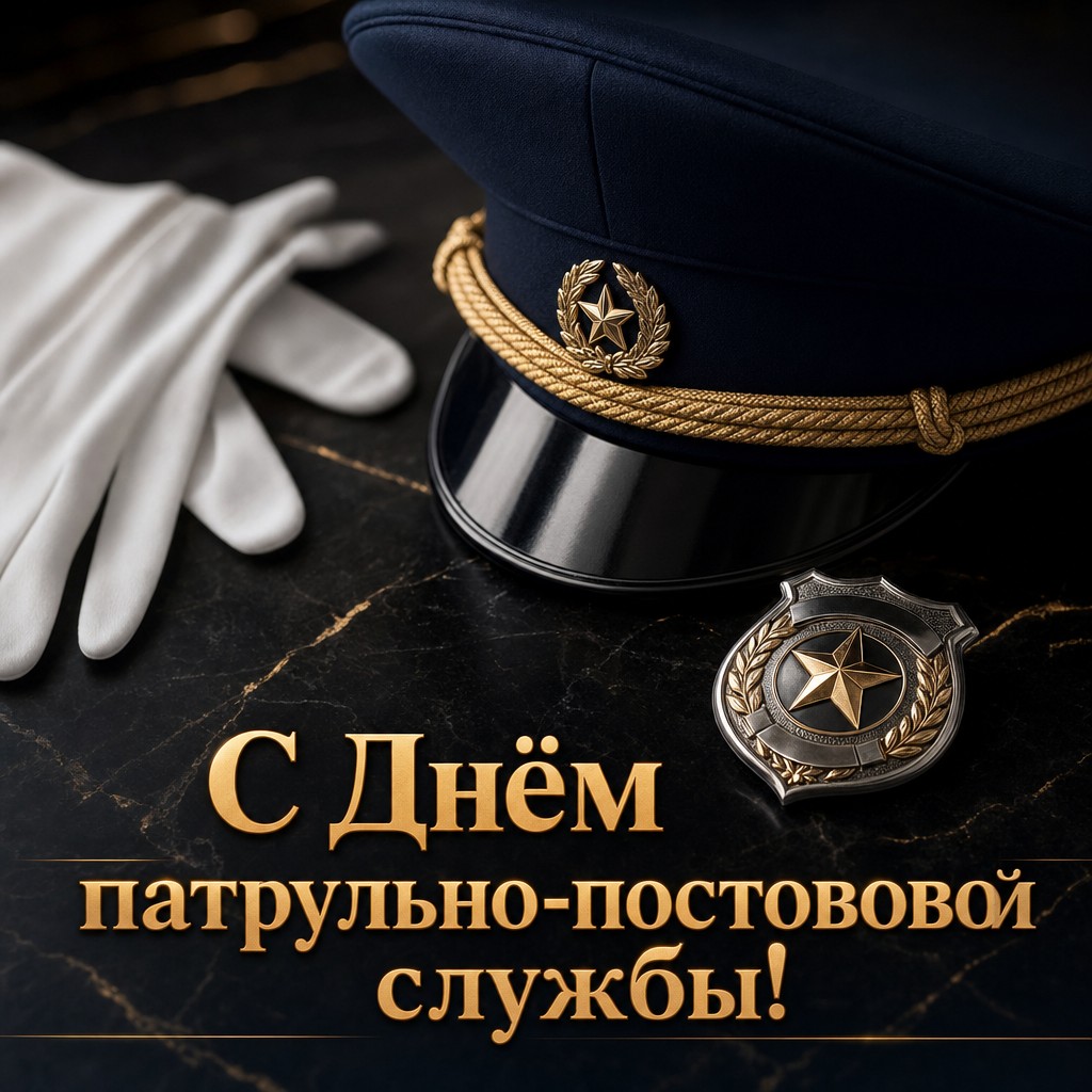 Стильная открытка на День патрульно-постовой службы полиции с фуражкой и нагрудным знаком в премиальном стиле.