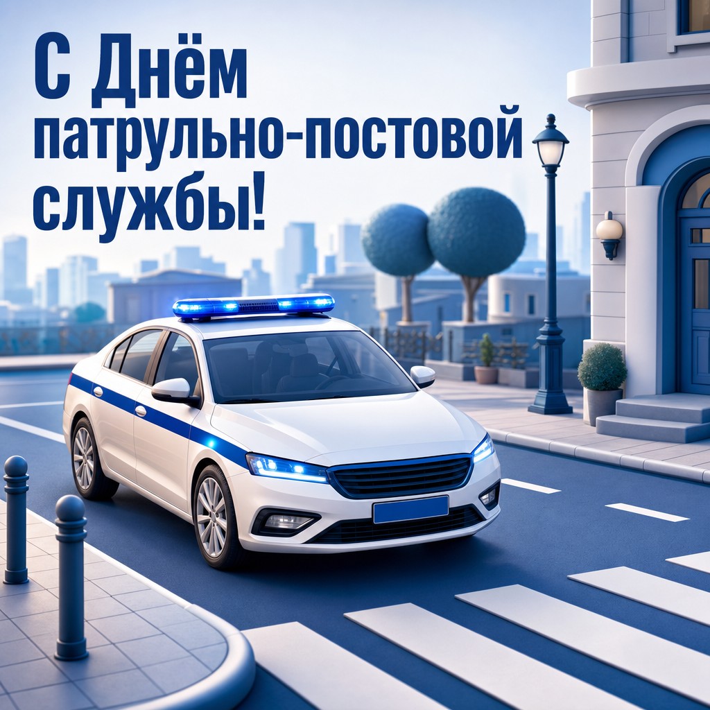 Яркая 3D открытка на День патрульно-постовой службы полиции с патрульным автомобилем на городской улице.