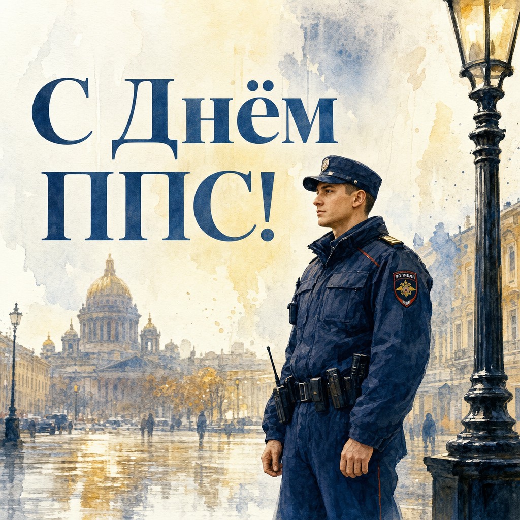 Акварельная открытка на День патрульно-постовой службы полиции с постовым у фонаря и мягкой городской атмосферой.