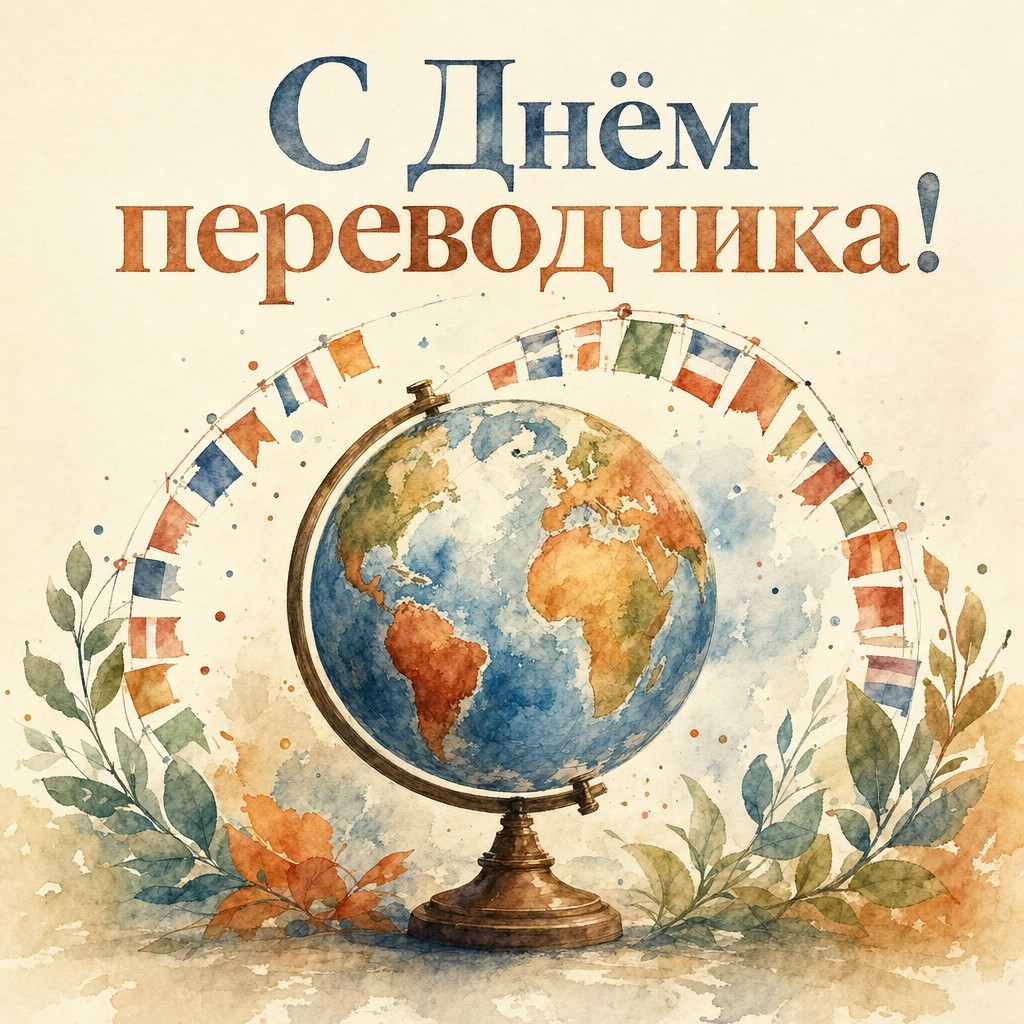 Лёгкая акварельная открытка ко Дню переводчика с глобусом и флажками в мягкой кремовой палитре.