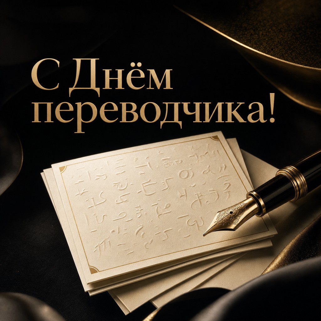 Роскошная открытка ко Дню переводчика с золотым пером, кремовыми карточками и тёмной элегантной палитрой.