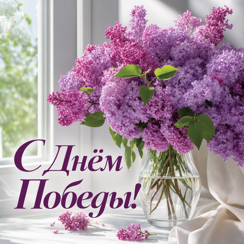Весенняя открытка на День Победы с реалистичным букетом сирени у окна.