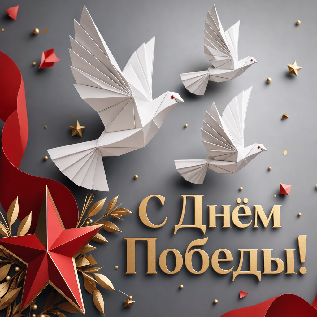 Лёгкая 3D-открытка на День Победы с белыми бумажными голубями.
