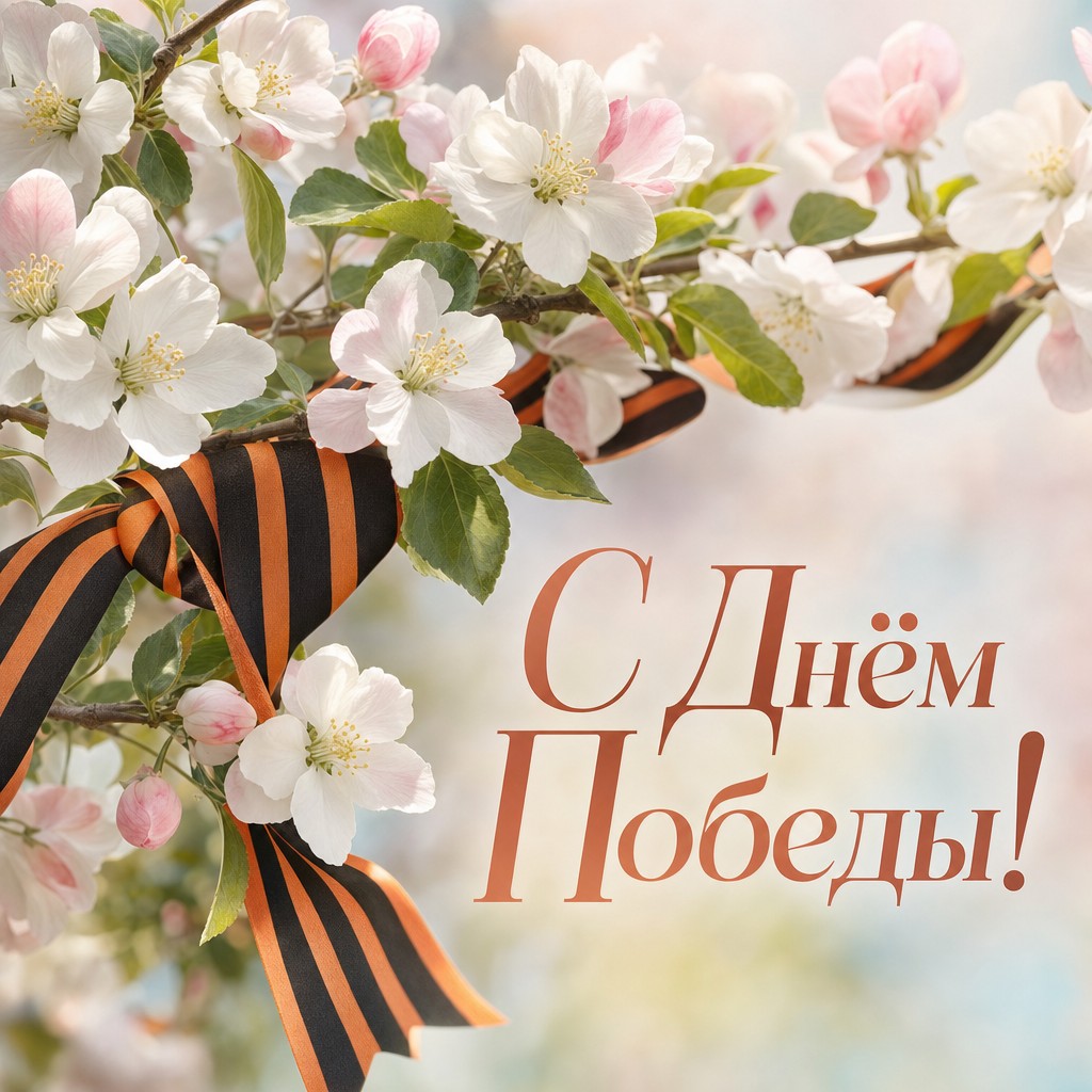 Нежная открытка на День Победы с цветущей яблоневой ветвью и памятной лентой.
