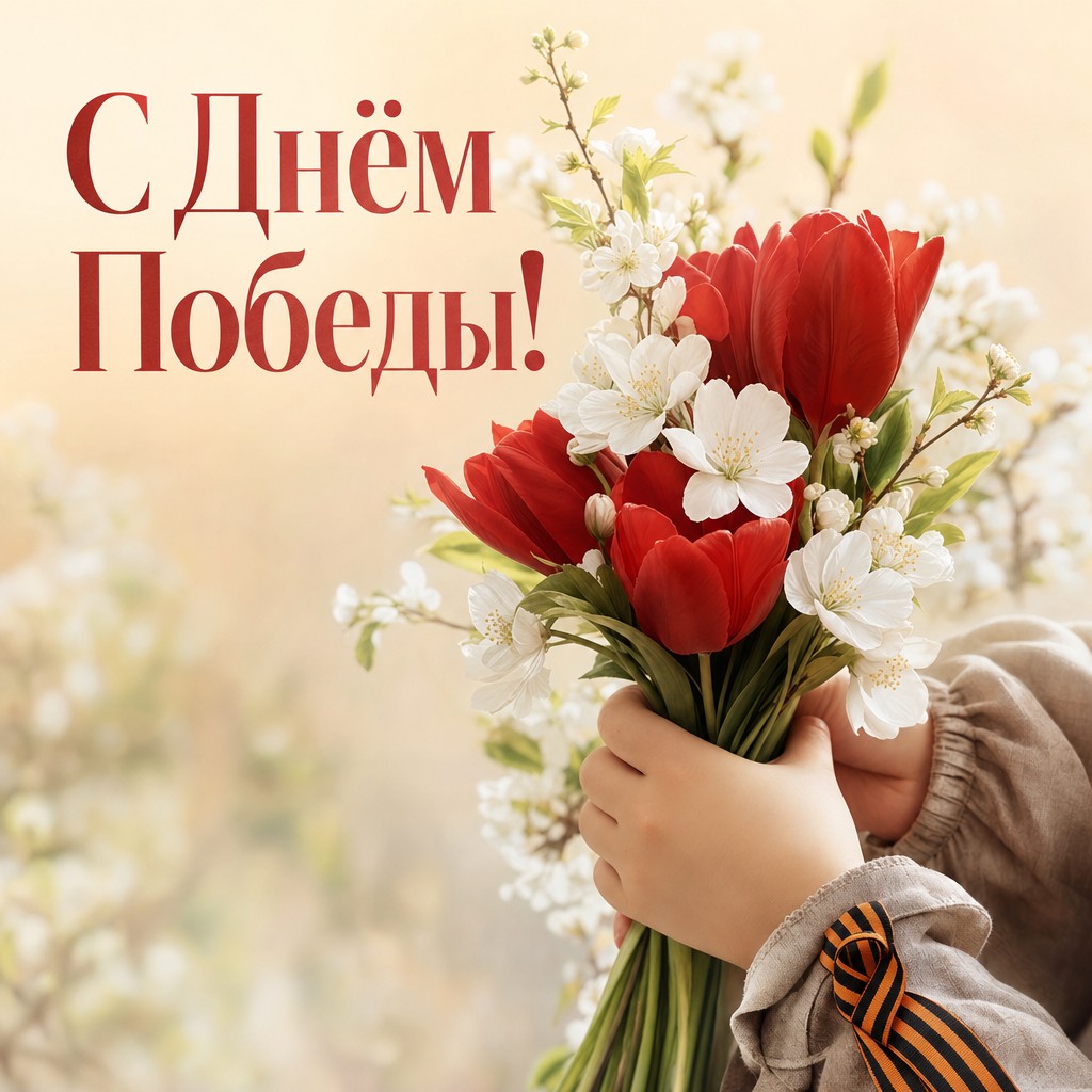 Нежная открытка на День Победы с детскими руками и весенним букетом.