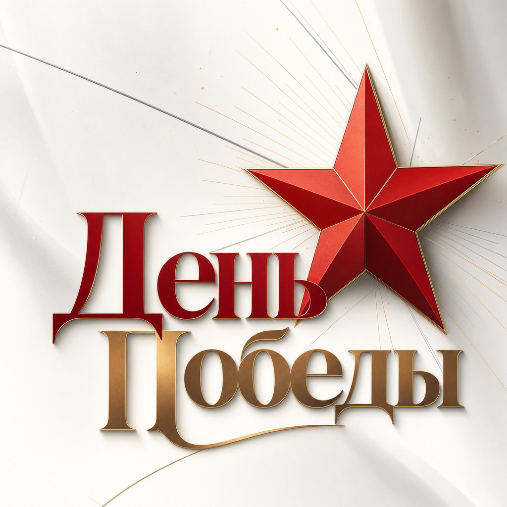 Современная открытка на День Победы с красной звездой и лаконичными линиями.