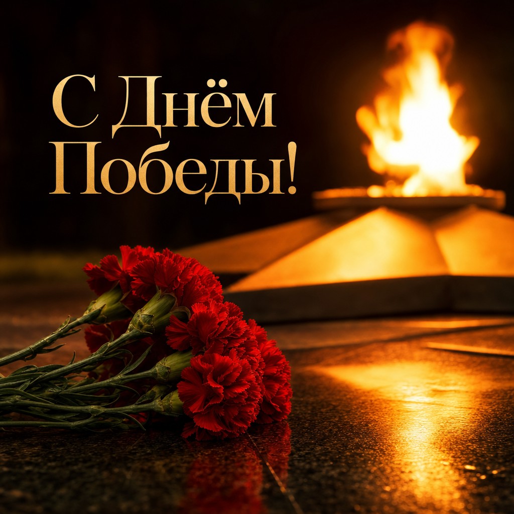 Торжественная открытка на День Победы с красными гвоздиками и Вечным огнём.