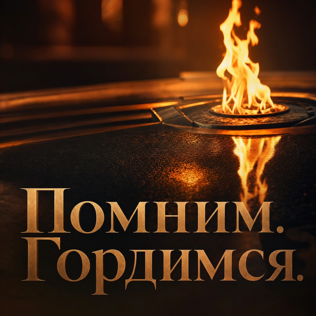 Драматичная открытка на День Победы с отражением Вечного огня в камне.