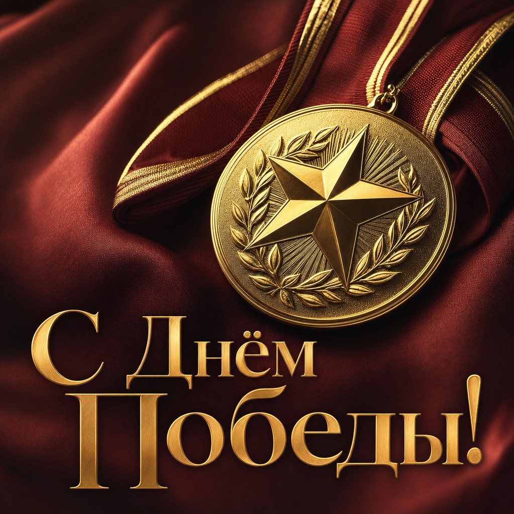 Торжественная открытка на День Победы с золотой памятной медалью на шёлке.