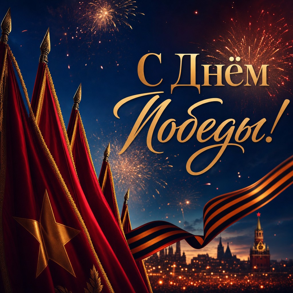 Яркая открытка на День Победы с салютом и торжественными флагами.