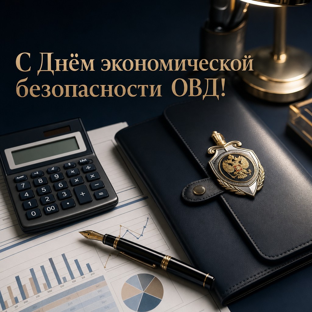Стильная открытка на День подразделений экономической безопасности ОВД с папкой, ручкой и служебным жетоном.