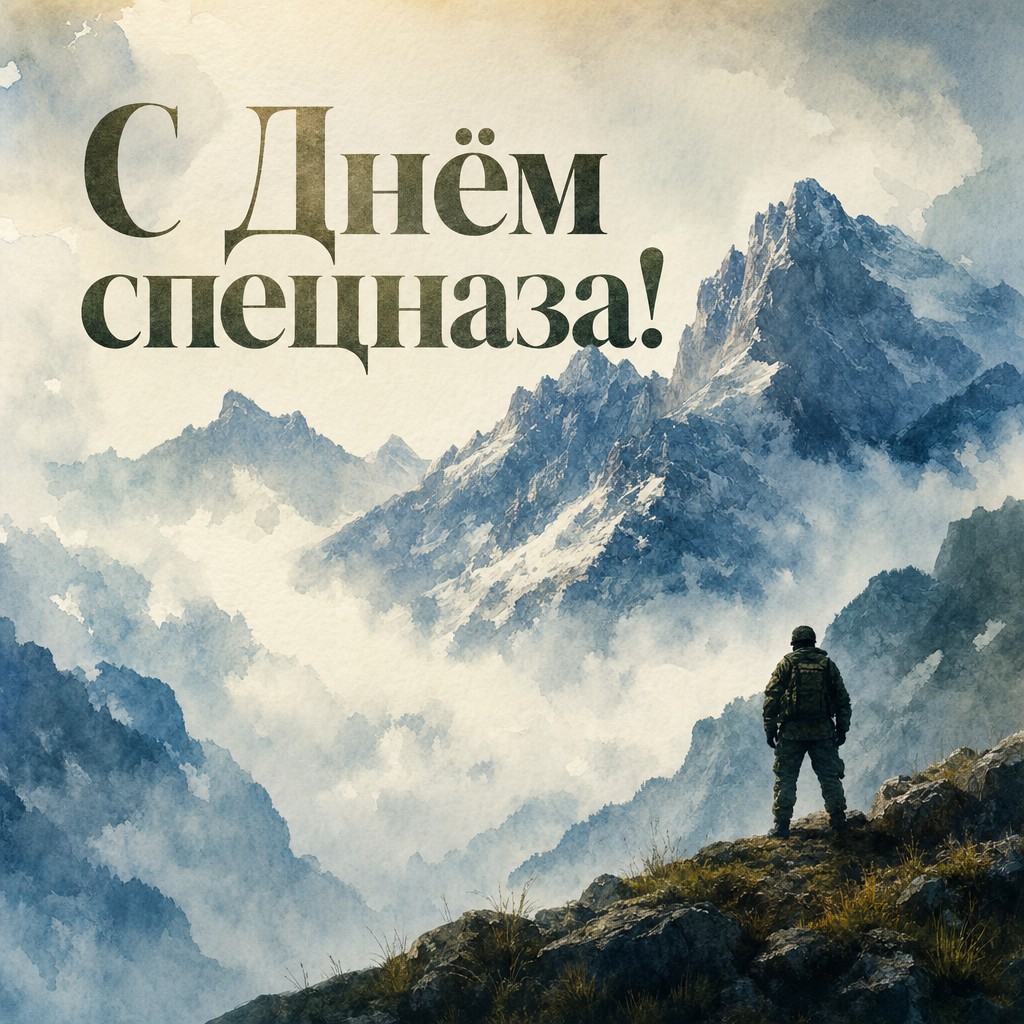 Акварельная открытка ко Дню спецназа с горными вершинами, туманом и сдержанным героическим настроением.