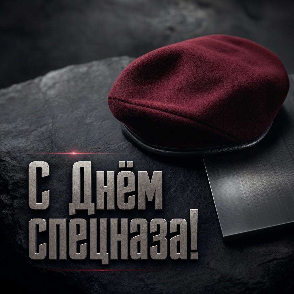 Стильная открытка ко Дню подразделений специального назначения с краповым беретом и строгим тёмным фоном.