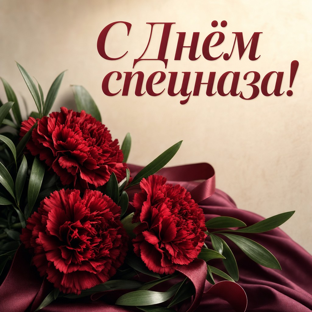 Торжественная открытка ко Дню спецназа с реалистичными красными гвоздиками и благородной палитрой.