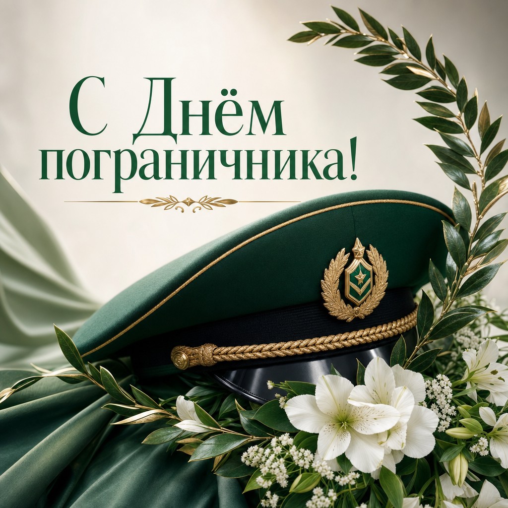 Элегантная открытка на День пограничника с фуражкой, лавровой ветвью и золотыми деталями.