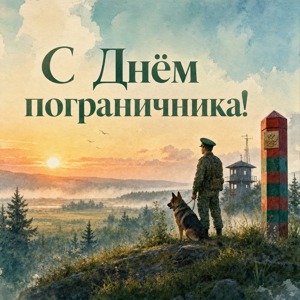 Акварельная открытка на День пограничника с пограничной заставой, рассветом и мягким небом.