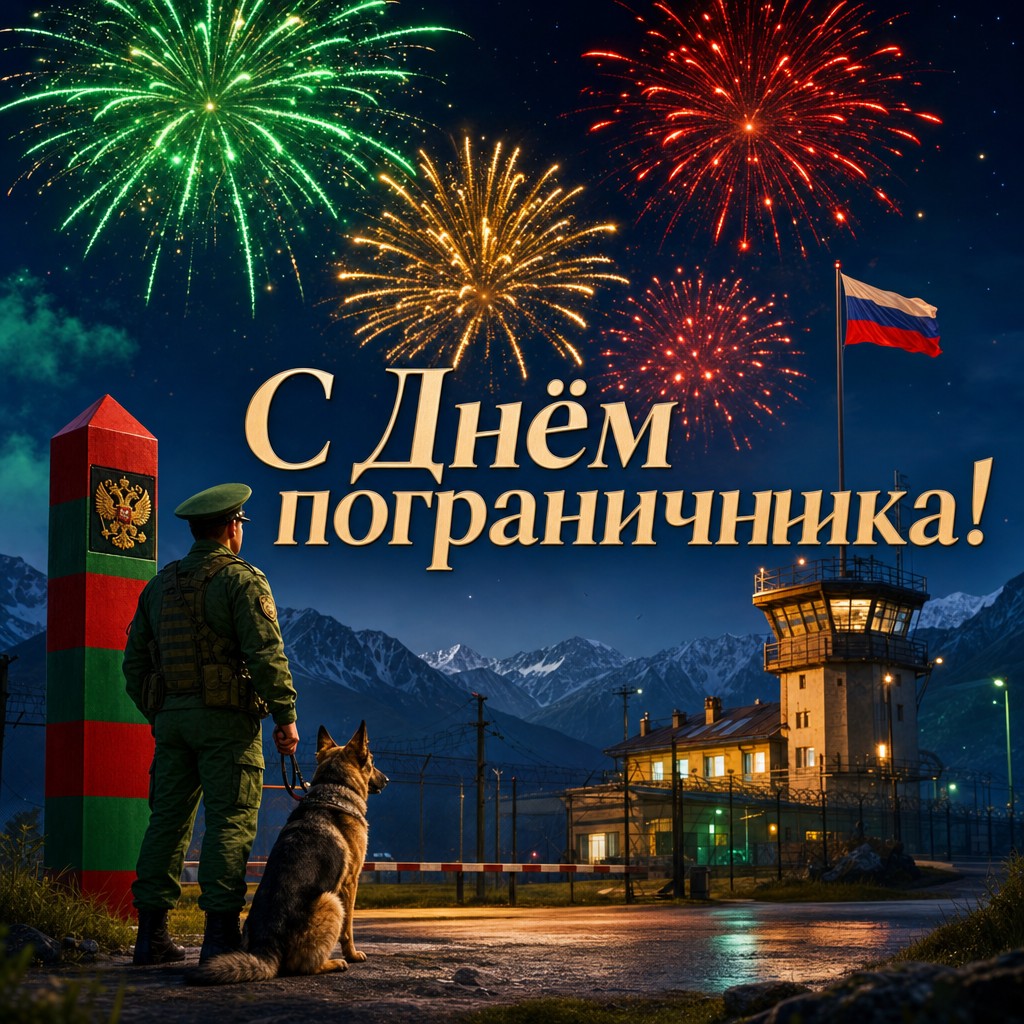 Яркая открытка на День пограничника с праздничным салютом над пограничной заставой.