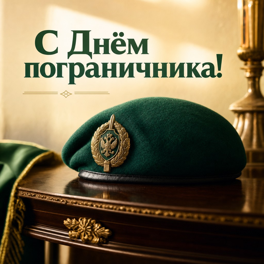 Стильная открытка на День пограничника с зелёным беретом и премиальным тёплым светом.
