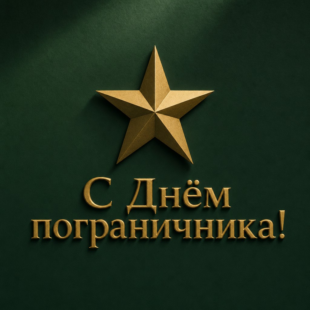 Минималистичная открытка на День пограничника с матовой золотой звездой на зелёном фоне.