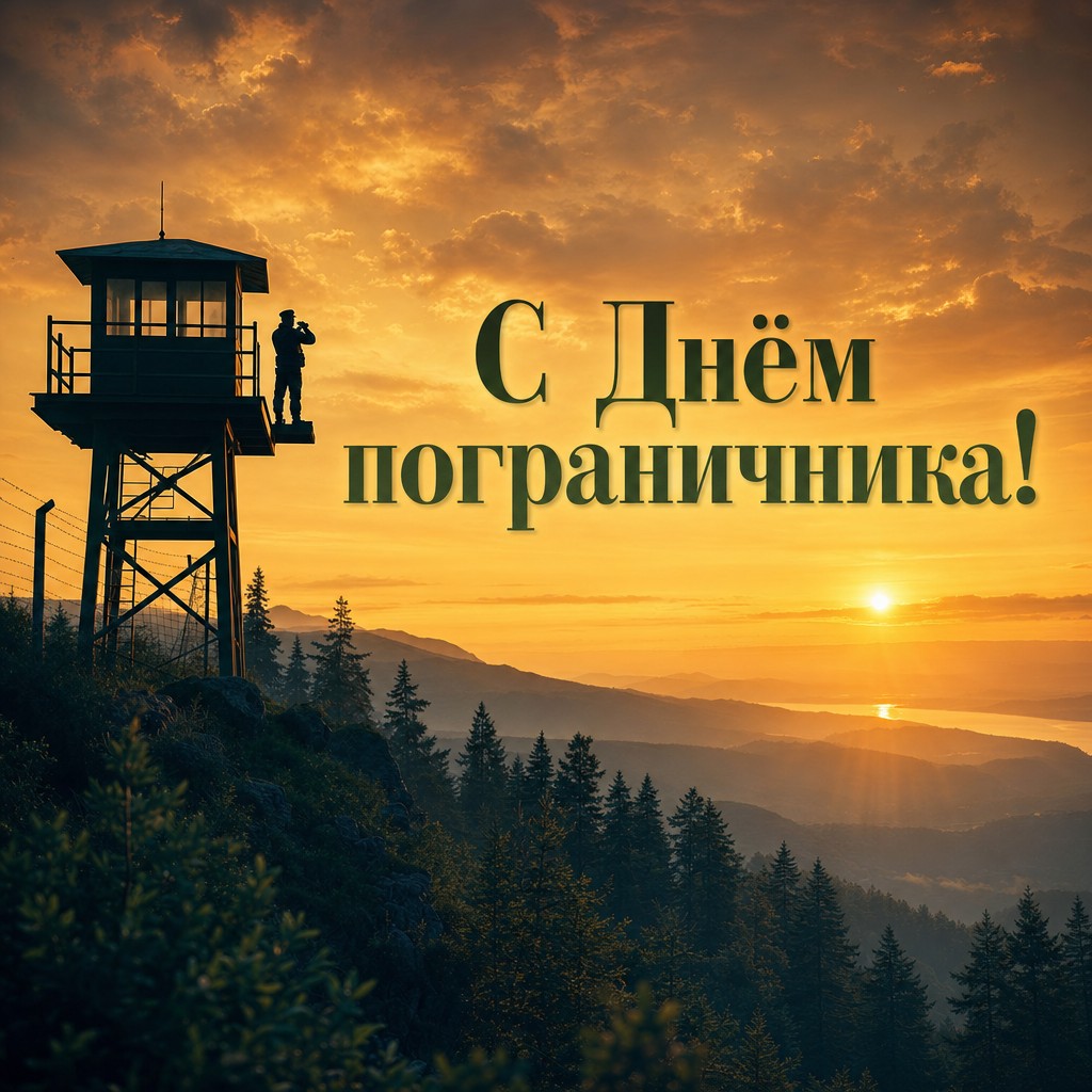 Кинематографичная открытка на День пограничника со смотровой вышкой и закатным светом.