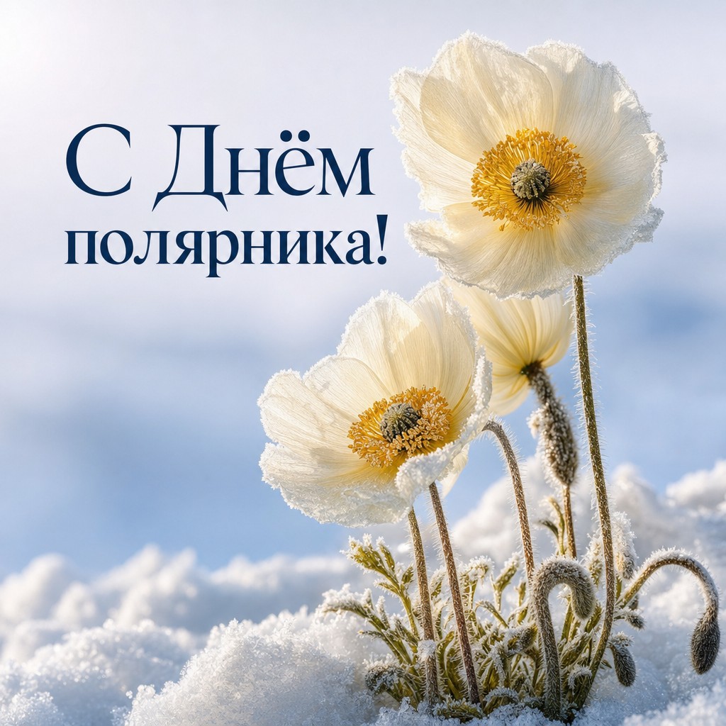 Нежная открытка на День полярника с реалистичными северными цветами и морозным настроением.