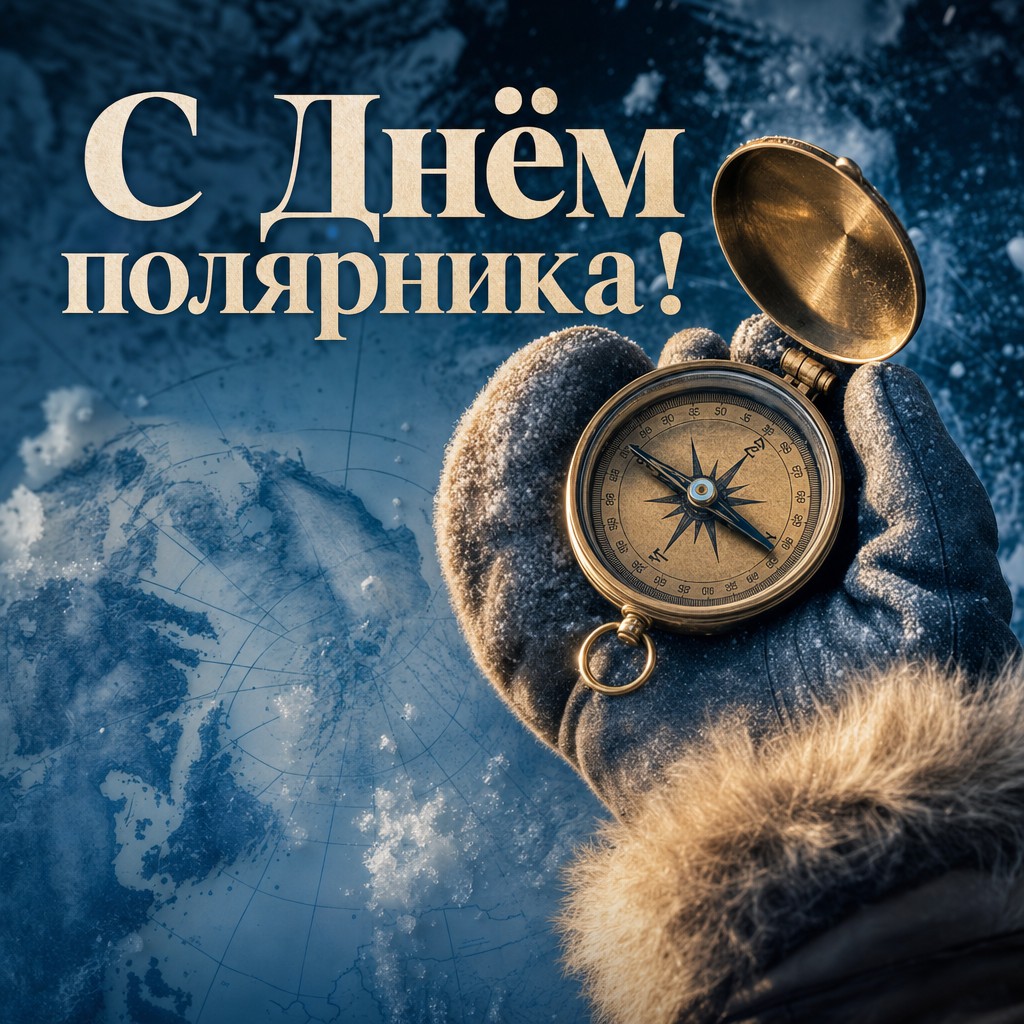 Премиальная открытка на День полярника с компасом, снегом и атмосферой северной экспедиции.