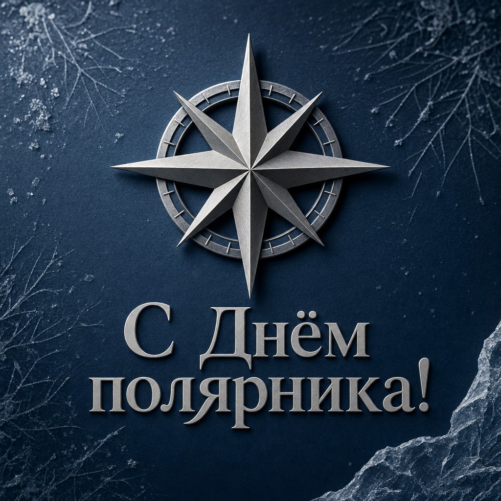 Стильная открытка на День полярника с серебряной звездой-компасом в премиальном оформлении.