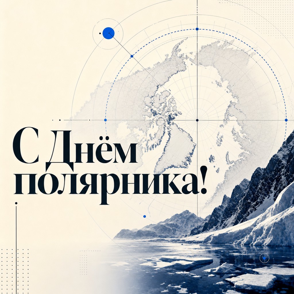 Современная открытка на День полярника с графикой полярного круга и навигационной сеткой.