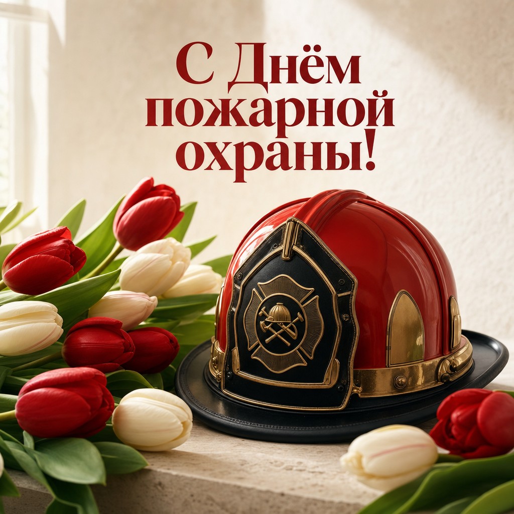 Нежная открытка ко Дню пожарной охраны с пожарной каской и свежими тюльпанами.