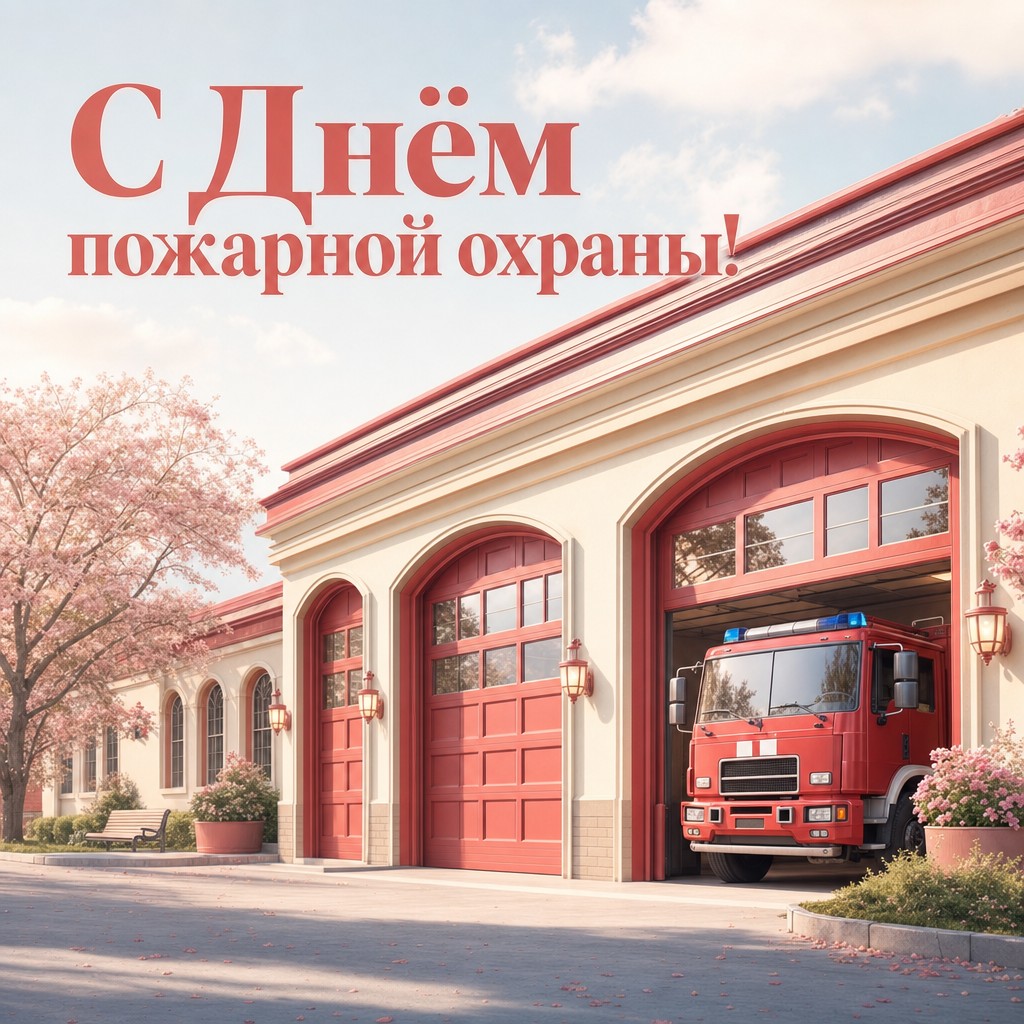 Мягкая пастельная открытка ко Дню пожарной охраны с уютной пожарной частью.