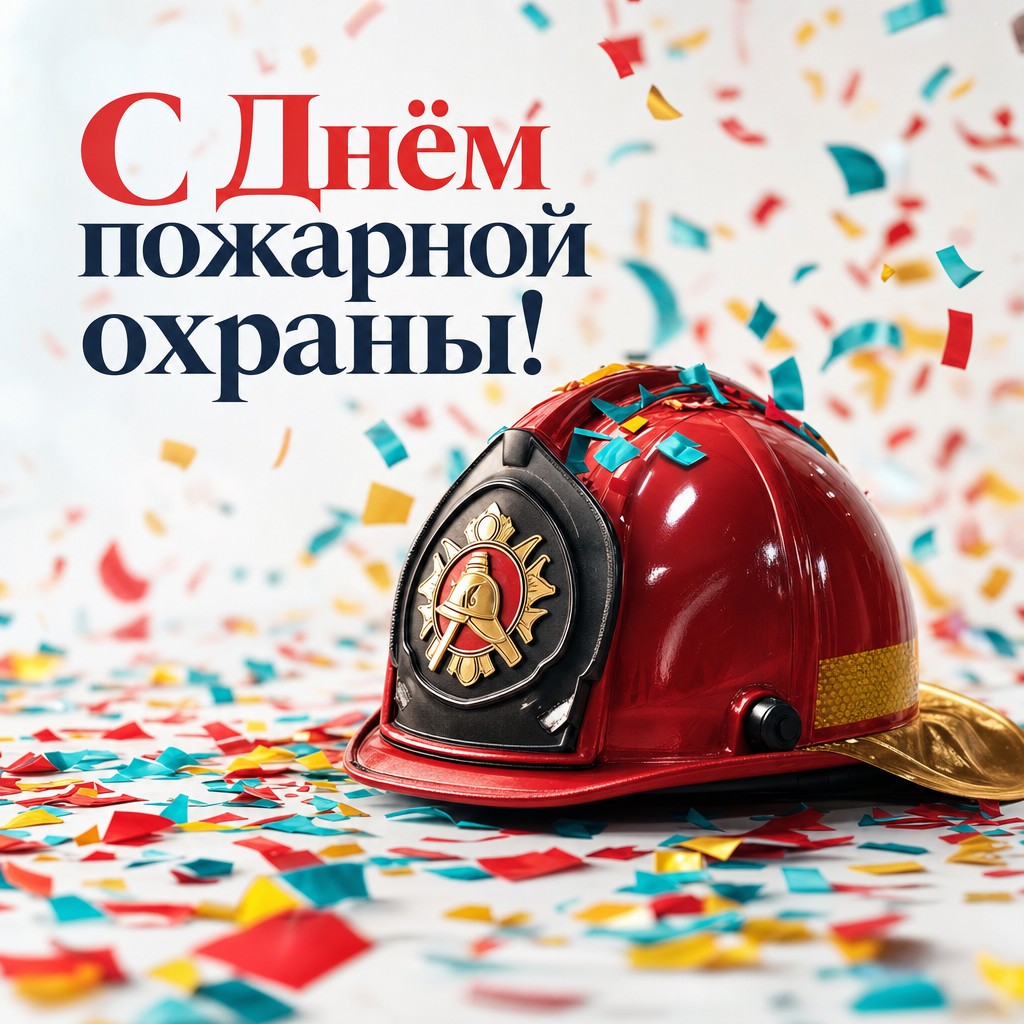 Праздничная открытка ко Дню пожарной охраны с пожарной каской и ярким конфетти.