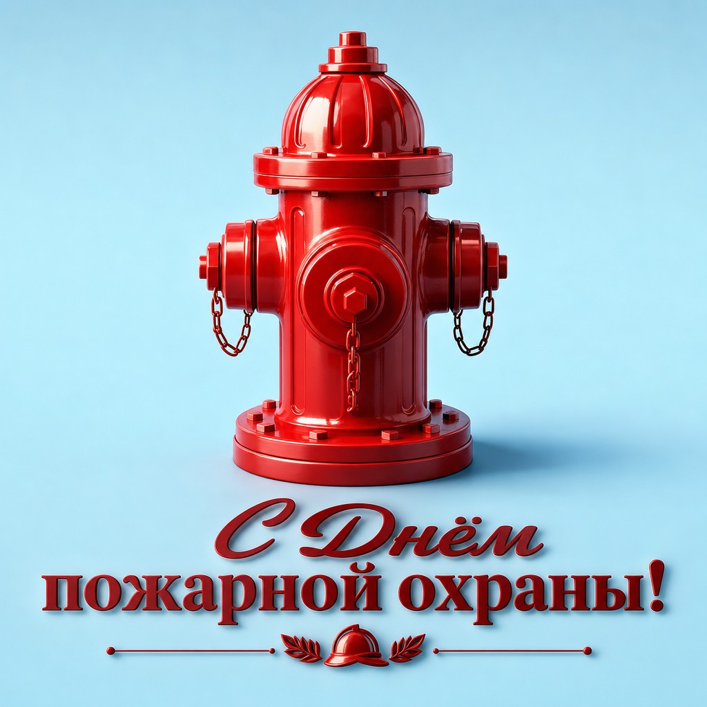 Современная 3D открытка ко Дню пожарной охраны с ярким красным пожарным гидрантом.