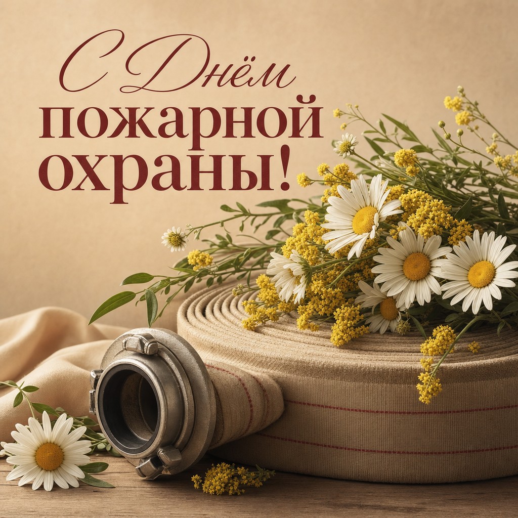 Тёплая открытка ко Дню пожарной охраны с пожарным рукавом и нежными полевыми цветами.